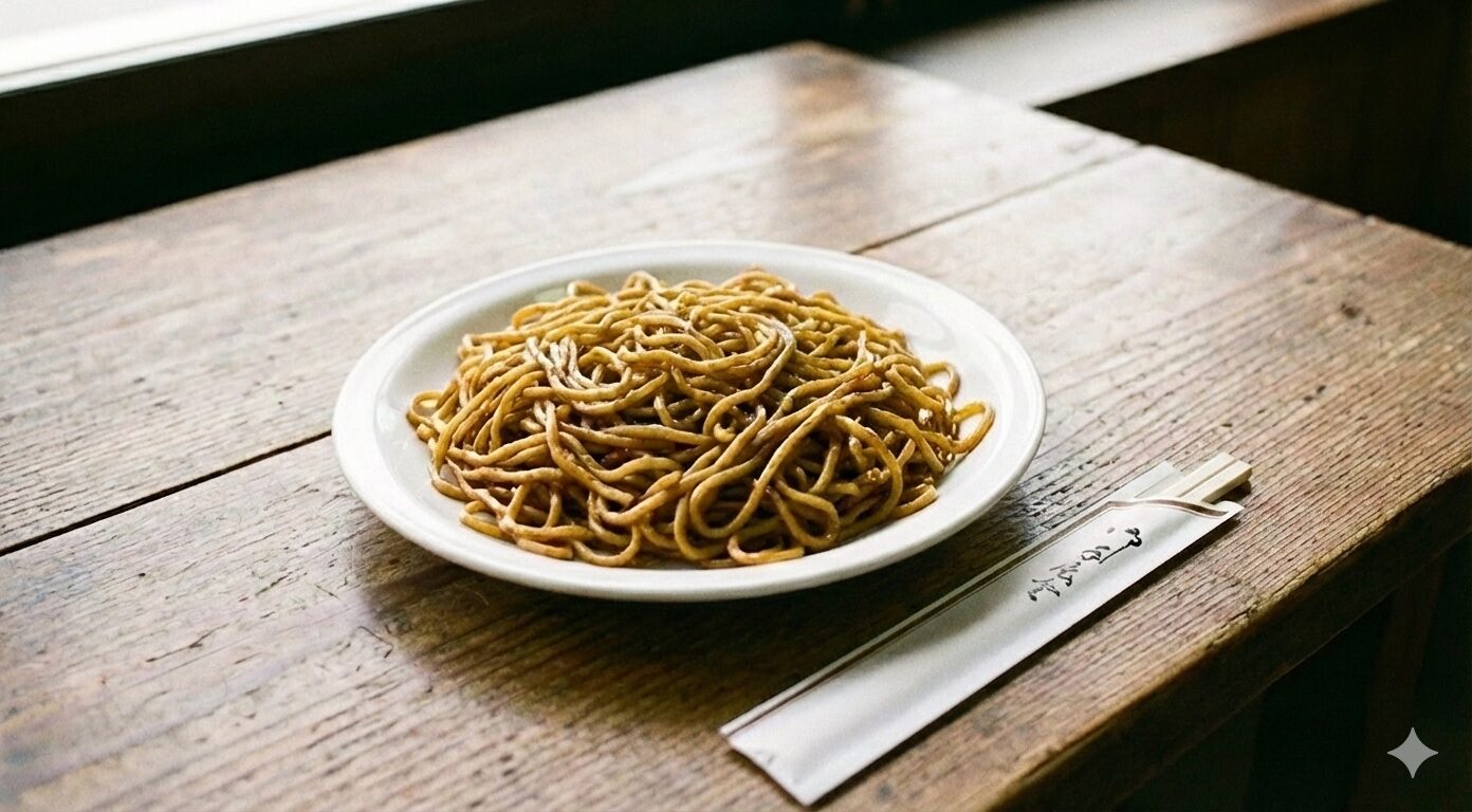 木のテーブルの上に置かれた、具のないシンプルなソース焼きそばと割り箸