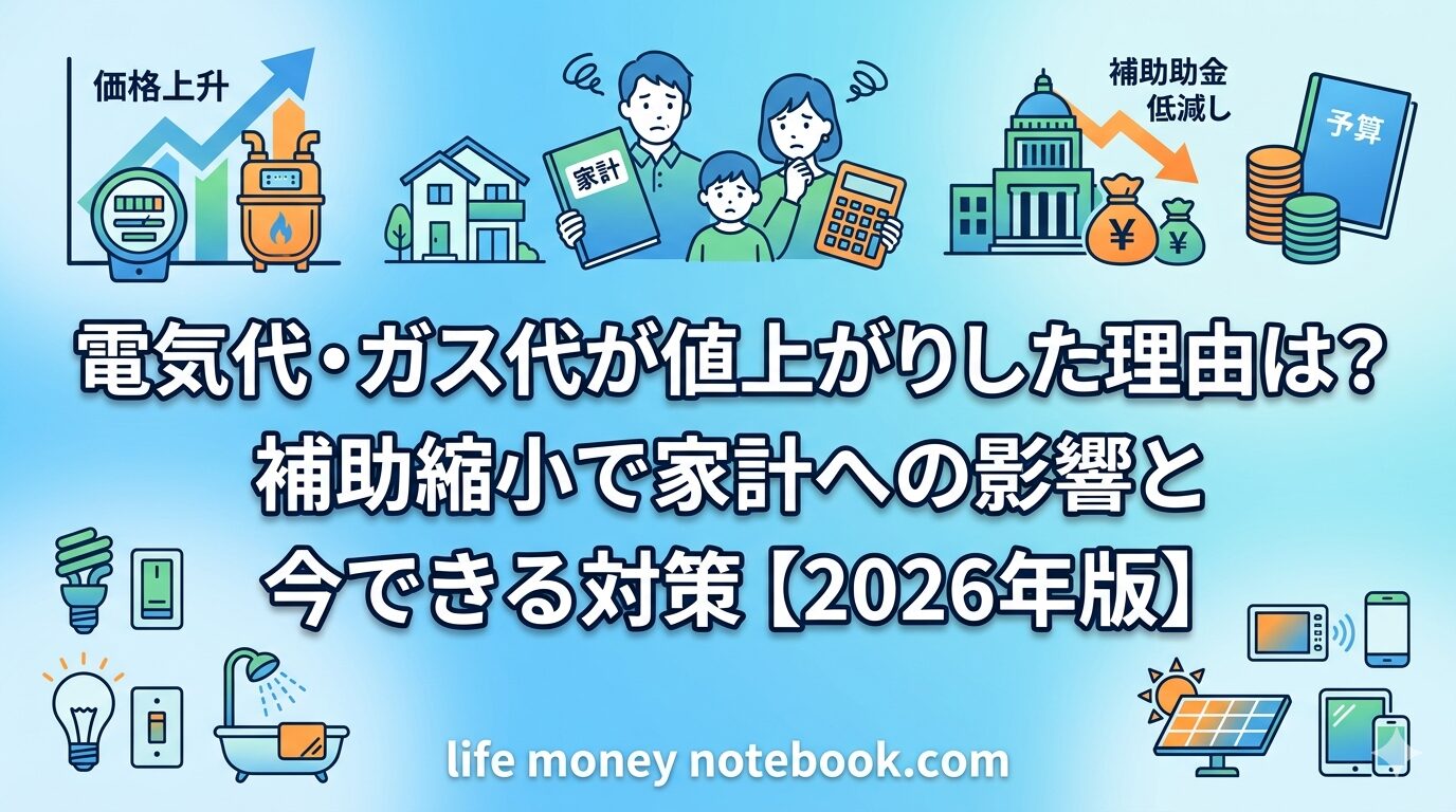 電気代・ガス代の請求書と値上がりグラフのイメージ｜補助縮小で家計への影響と対策を解説