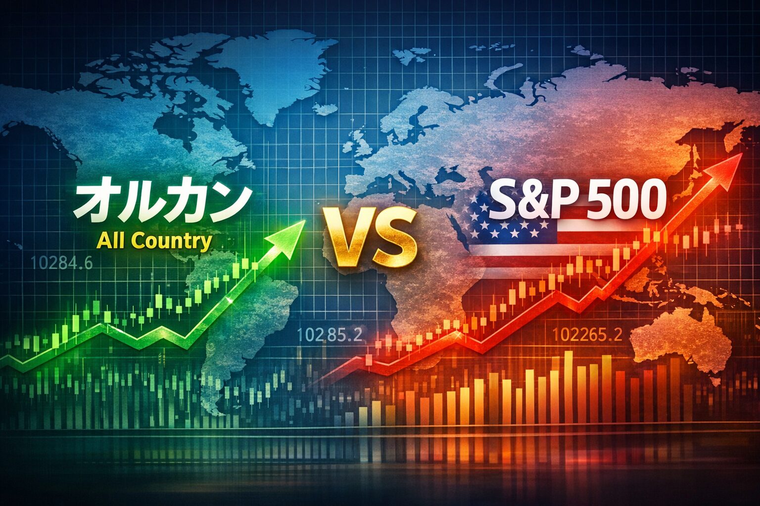 世界地図を背景に、オルカンとS&P500を比較する株価チャート風イメージ