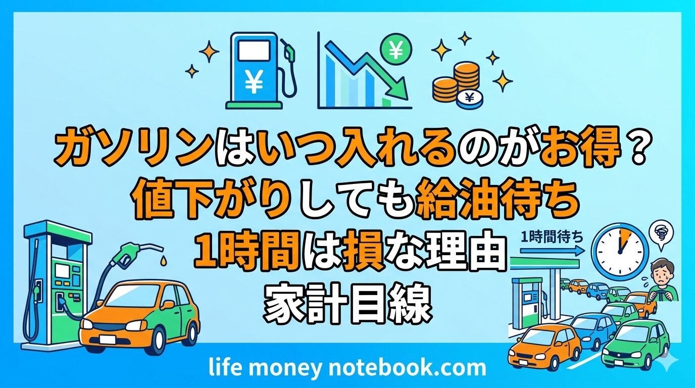 ガソリンスタンドで給油待ちをする車の列と、時計・値段表示のイメージ｜値下がりを待つ時間コストを解説