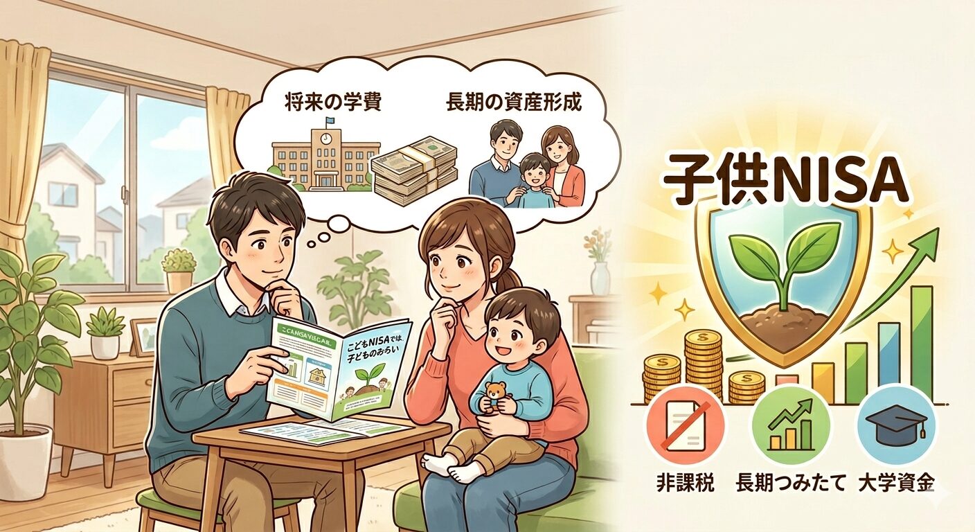 こどもNISAを検討する30代夫婦と子ども。将来の学費・長期の資産形成・非課税・長期つみたて・大学資金のイメージ図