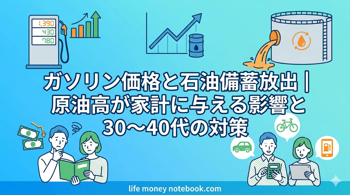 原油価格上昇を示す矢印とガソリン・食料品・電気代など家計への波及イメージ