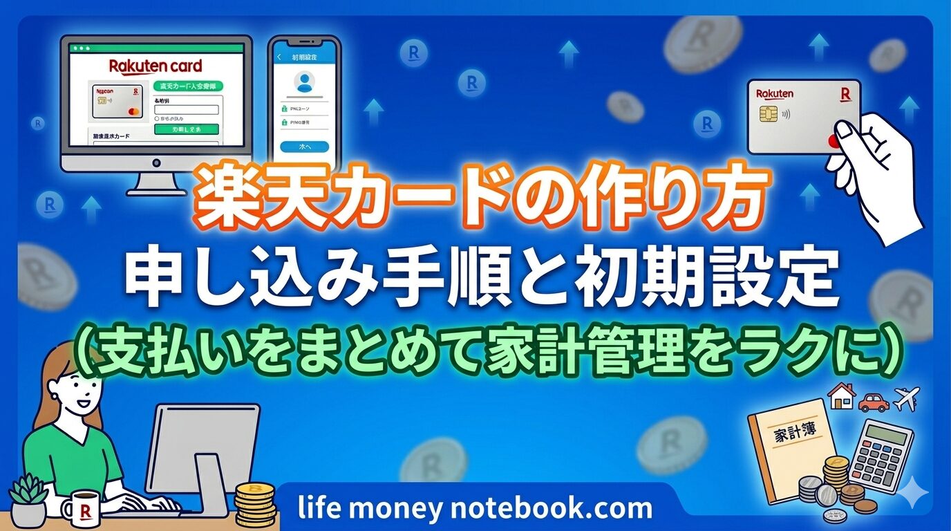 楽天カードの申し込み画面とカードのイラスト。申し込み手順と初期設定の解説記事のアイキャッチ画像。