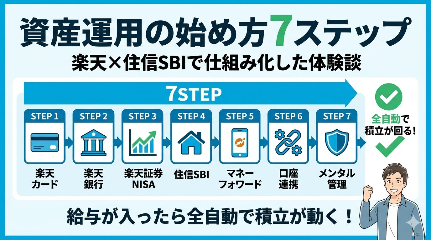 資産運用の始め方を7ステップで解説するイラスト図