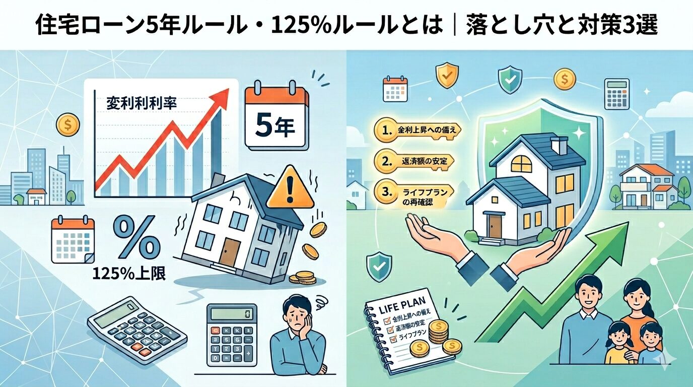 住宅ローン5年ルール・125%ルールの仕組みと落とし穴を解説したイラスト