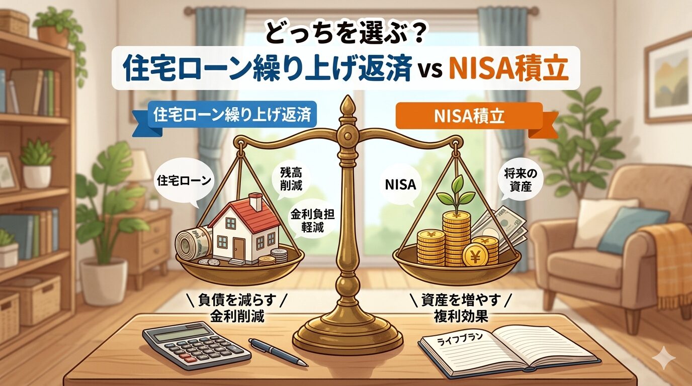 住宅ローン繰り上げ返済とNISA積立を天秤にかけるイメージ画像