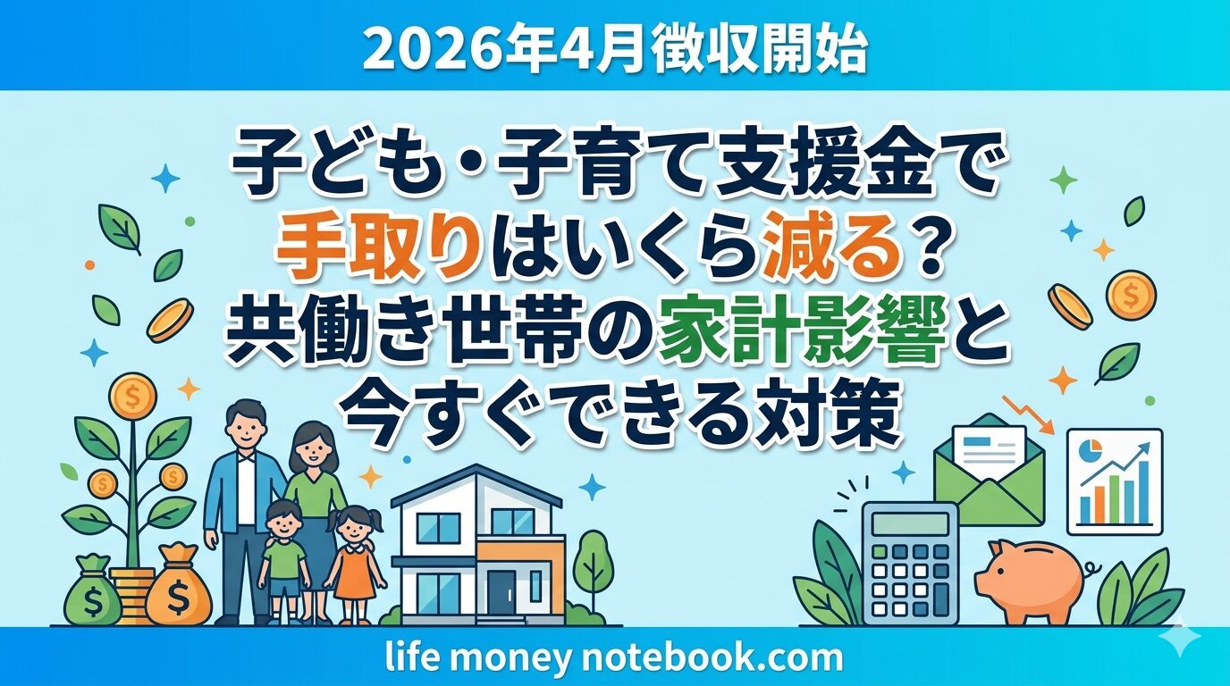 子ども・子育て支援金で共働き世帯の手取りがいくら減るかを解説するインフォグラフィック