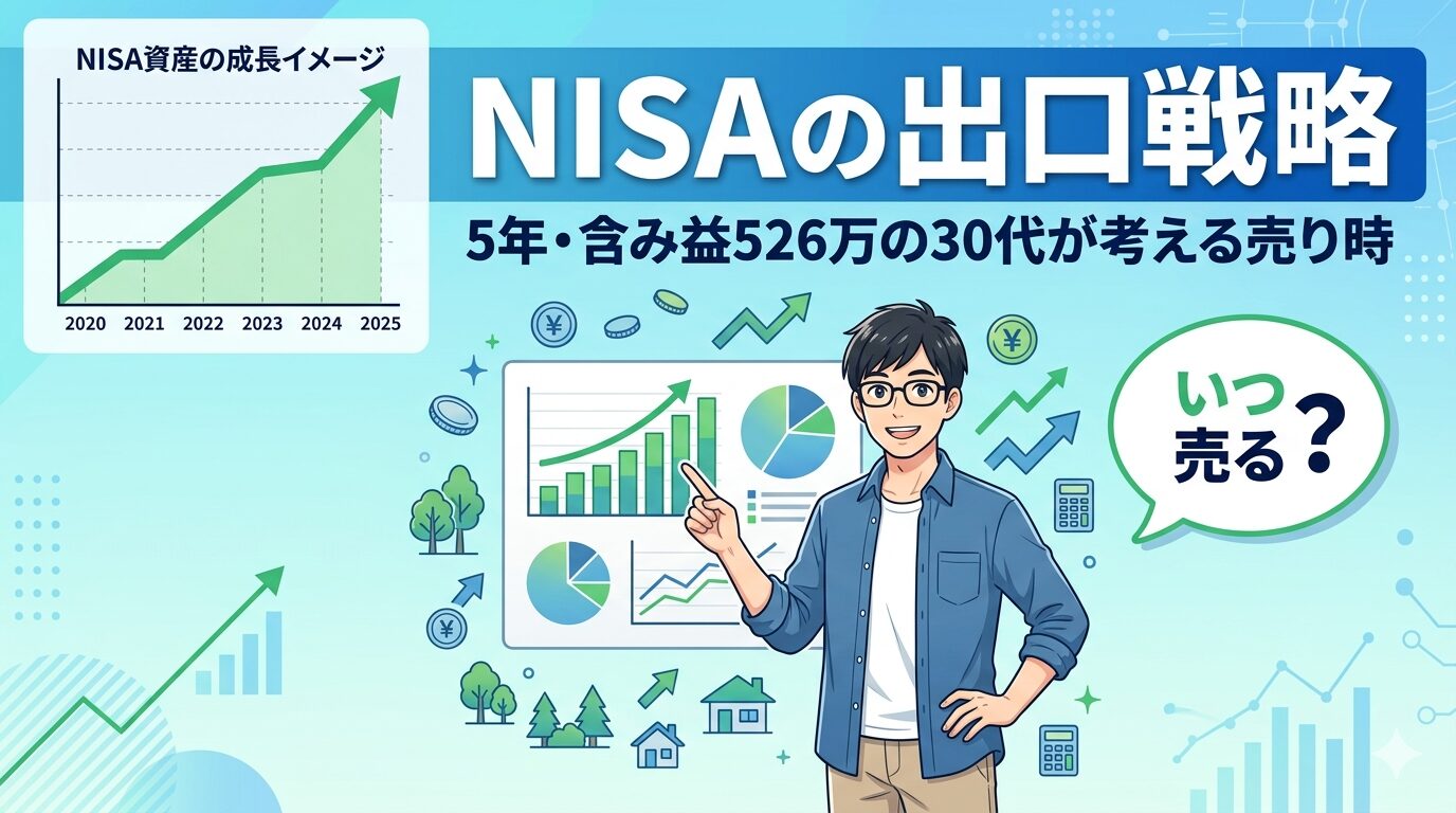 NISA出口戦略を図解したインフォグラフィック——いつ売るか判断チャート