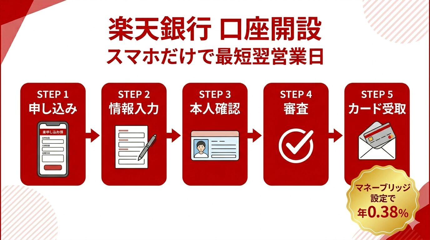 楽天銀行の口座開設手順と安全性を解説するインフォグラフィック