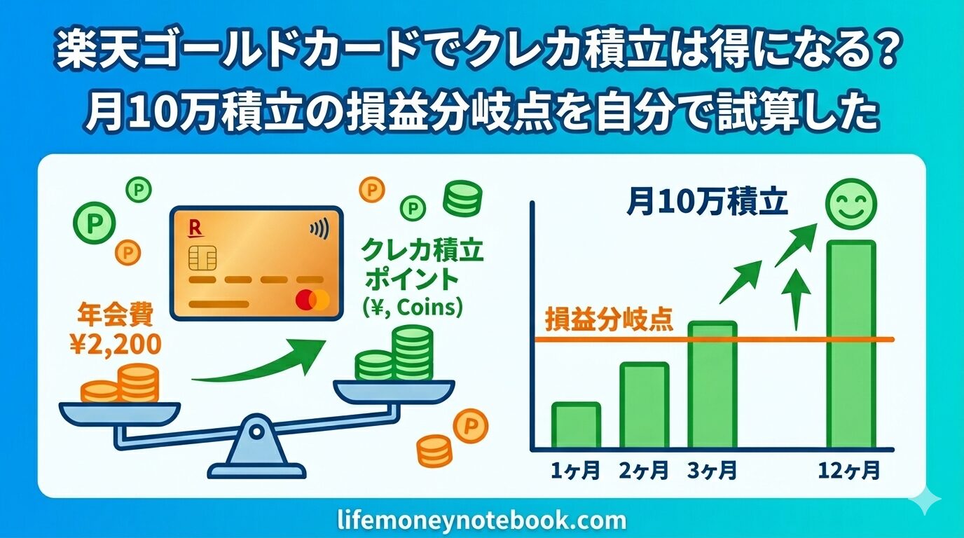 楽天ゴールドカードとクレカ積立の損益分岐点を試算したインフォグラフィック