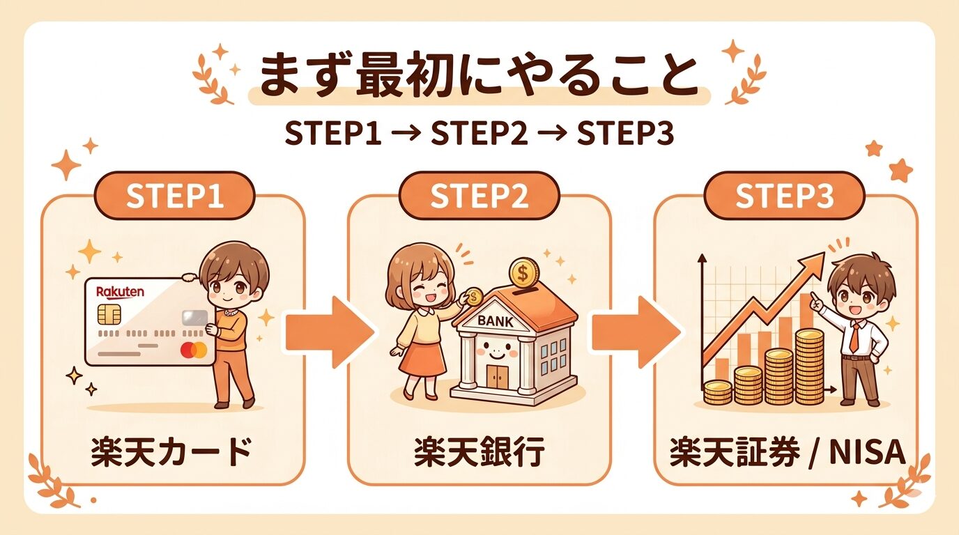 資産形成の最初の3ステップ（楽天カード・楽天銀行・楽天証券）を図解したロードマップ