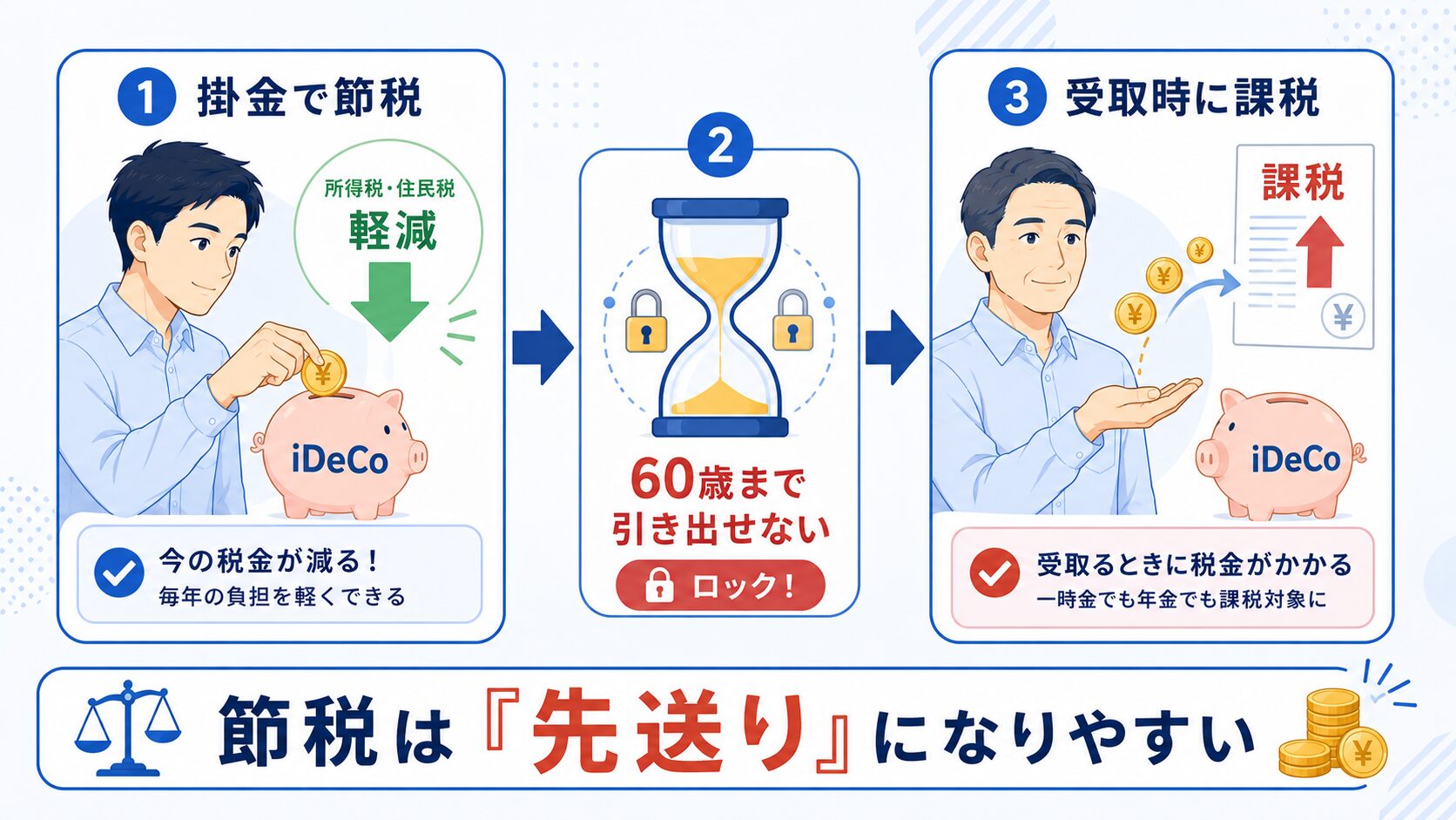 iDeCoの節税効果と60歳資金ロック・出口課税のフロー図