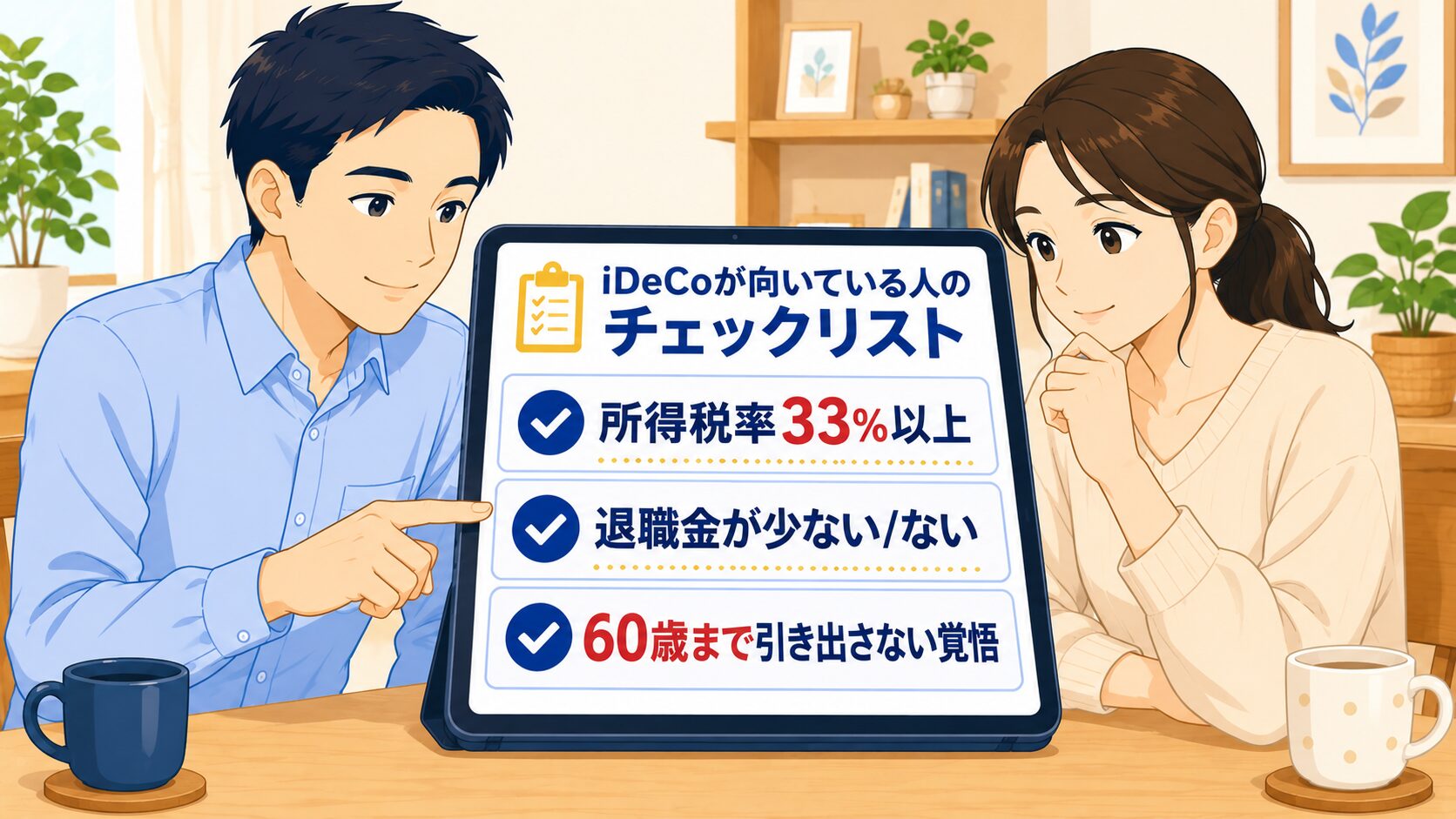 iDeCoが向いている人の3条件をチェックリストで確認する夫婦のイラスト