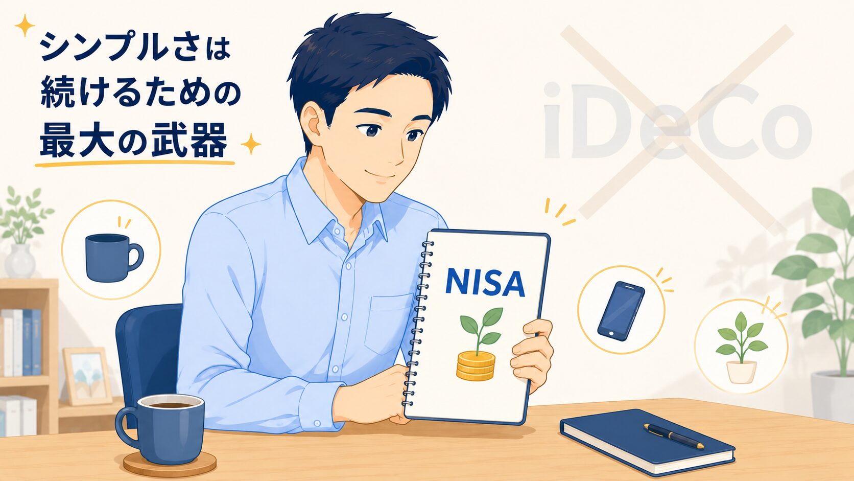 NISAだけのシンプルなノート1冊で資産形成を続ける笑顔の30代会社員のイラスト