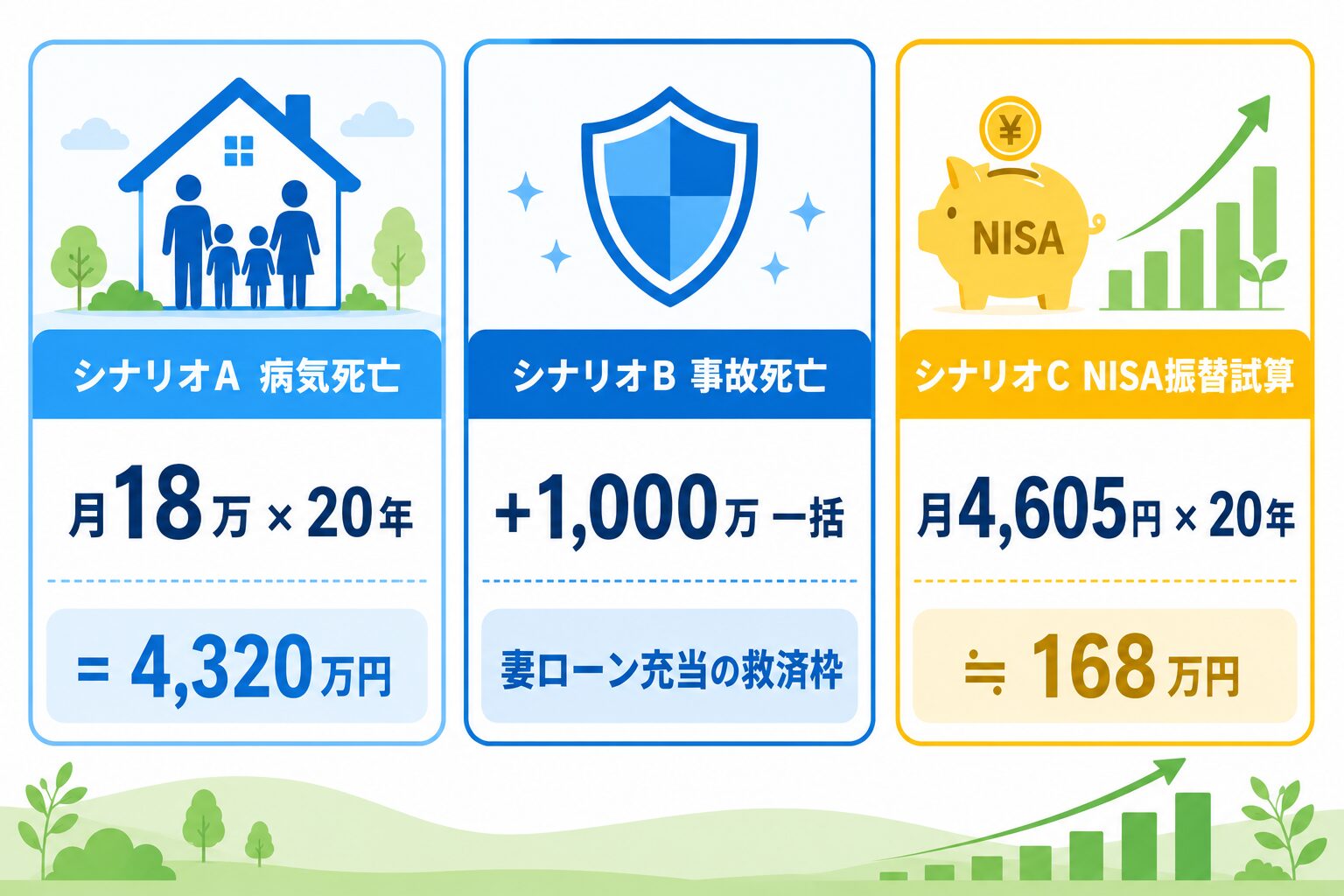 団信加入後の家族収入保険を3つのシナリオで試算した家計比較グラフ