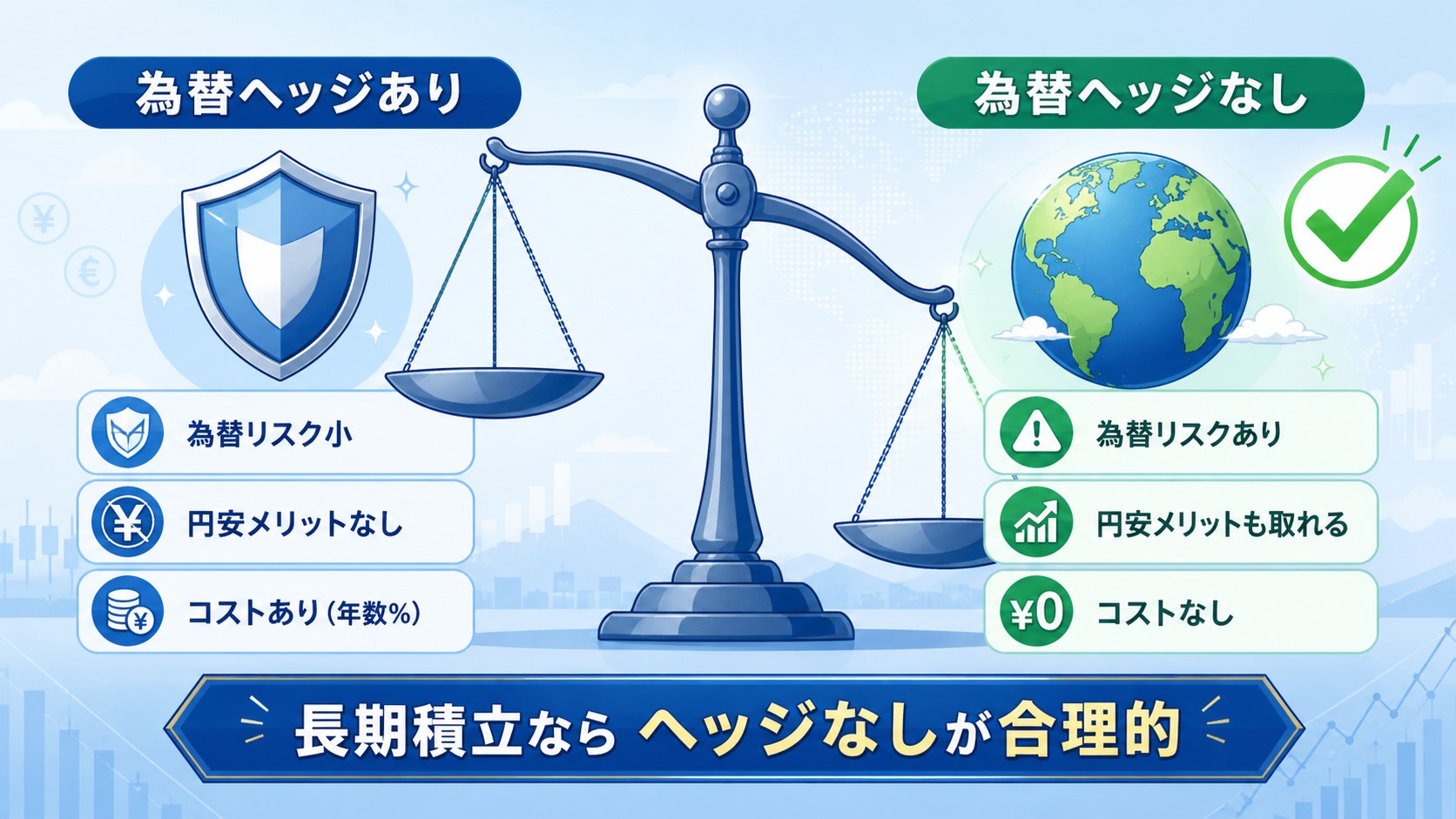 為替ヘッジありとなしのメリットデメリットを天秤で比較したイラスト