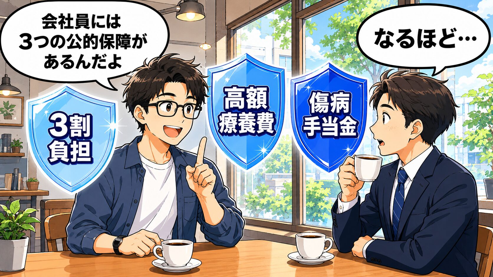 会社員には民間医療保険より先に使える3つの公的保障がある 会社員を守る3割負担・高額療養費・傷病手当金の3つの公的保障をnoblogとハジメがカフェで説明する1コマ漫画