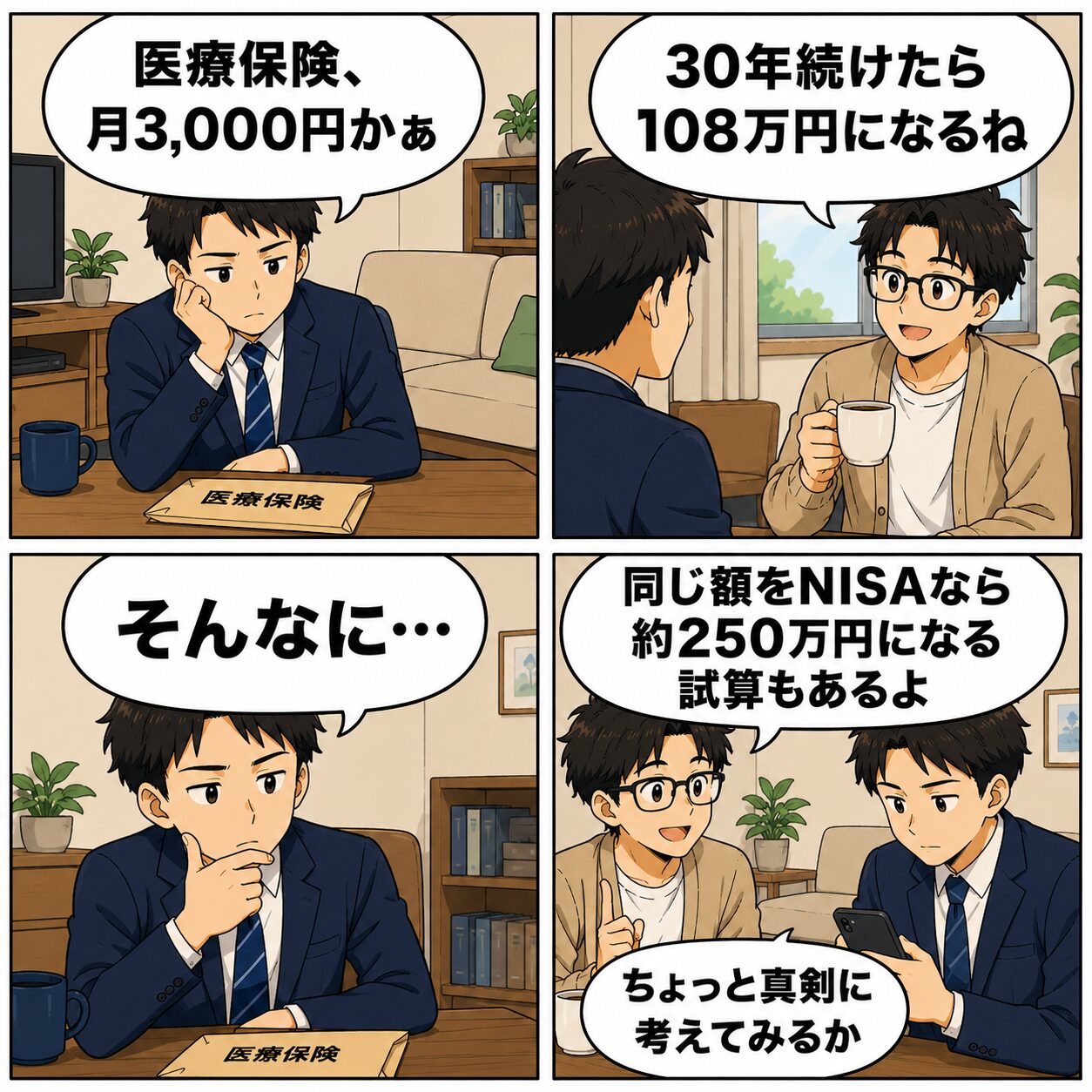 固定費削減と資産形成を両立する具体的アクション 医療保険を見直してNISAに振り替える気付きを描いた4コマ漫画
