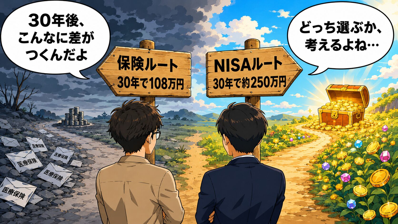 30年後どちらの未来を選ぶか・保険ルートとNISAルートの分岐 医療保険30年で108万円とNISA30年で約250万円の分かれ道を比較したイラスト
