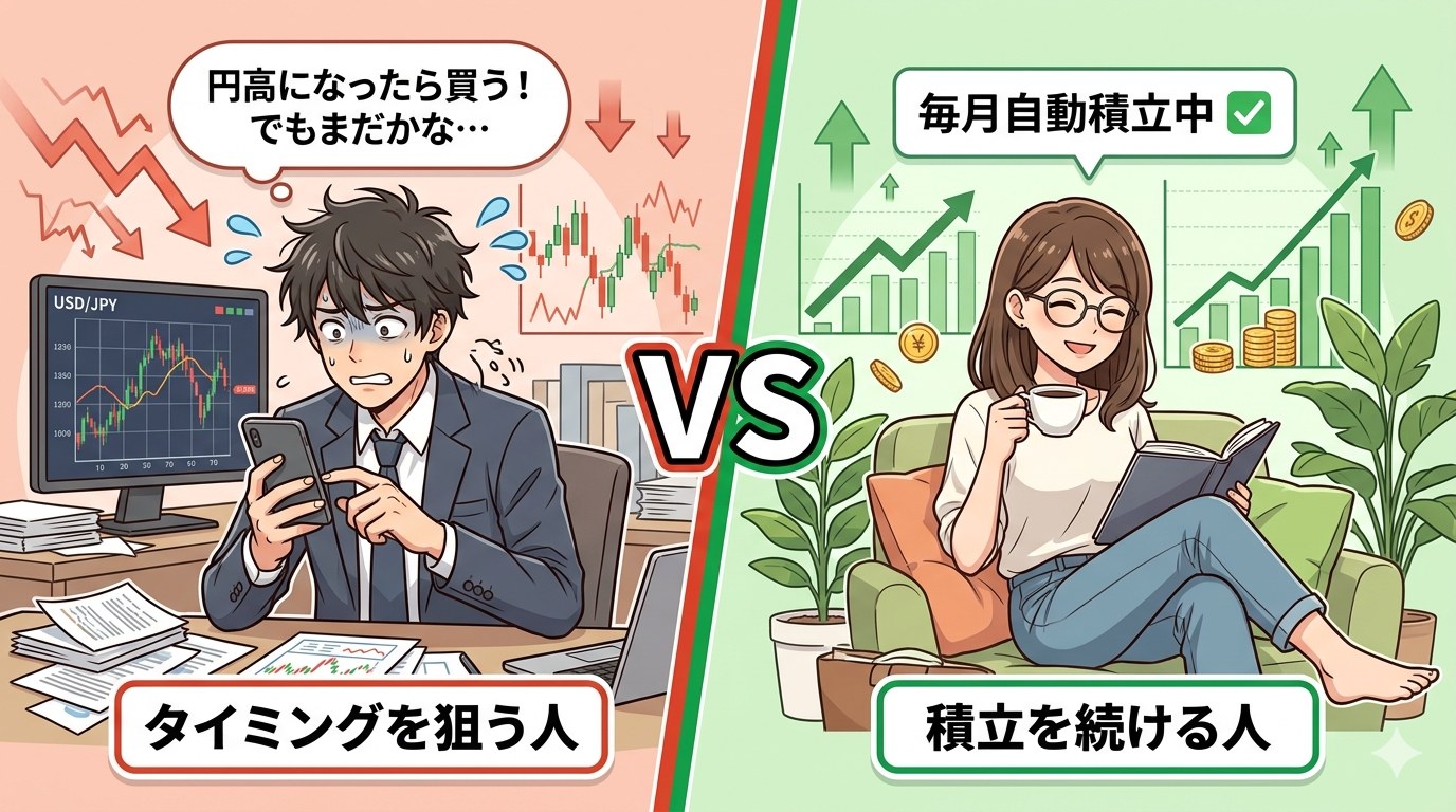 為替タイミングを狙う投資と積立継続を比較したインフォグラフィック