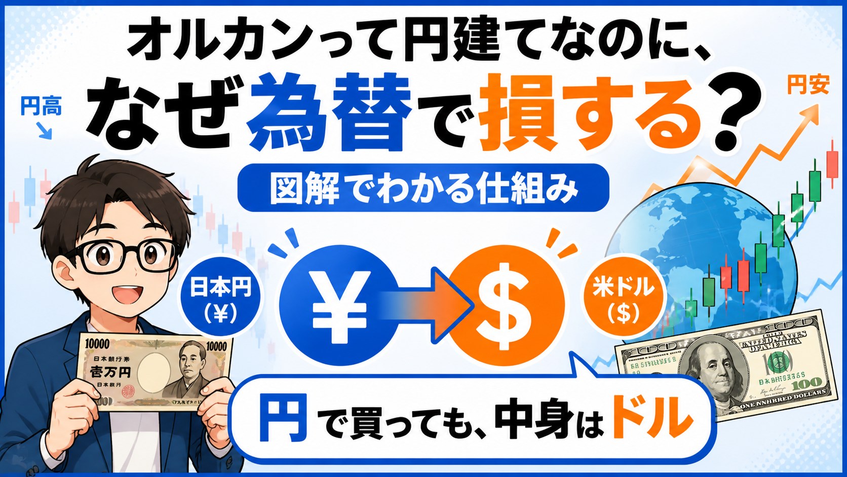 オルカンが円建てなのに為替リスクを受ける仕組みを図解したイラスト